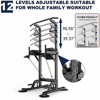 Garvee Freestanding Power Tower with Backrest & Resistance Bands for Home Gym, Adjustable Height 39-90", Black, 450 LBS Capacity