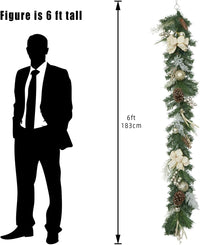 Garvee Christmas Garland with 20 Led Lights, 6 Ft Pre-Lit Gold Xmas Garland with Faux Antlers Bow-Knot Ball Ornaments, Battery Operated Garland with Timer for Mantle Staircase Table Decoration