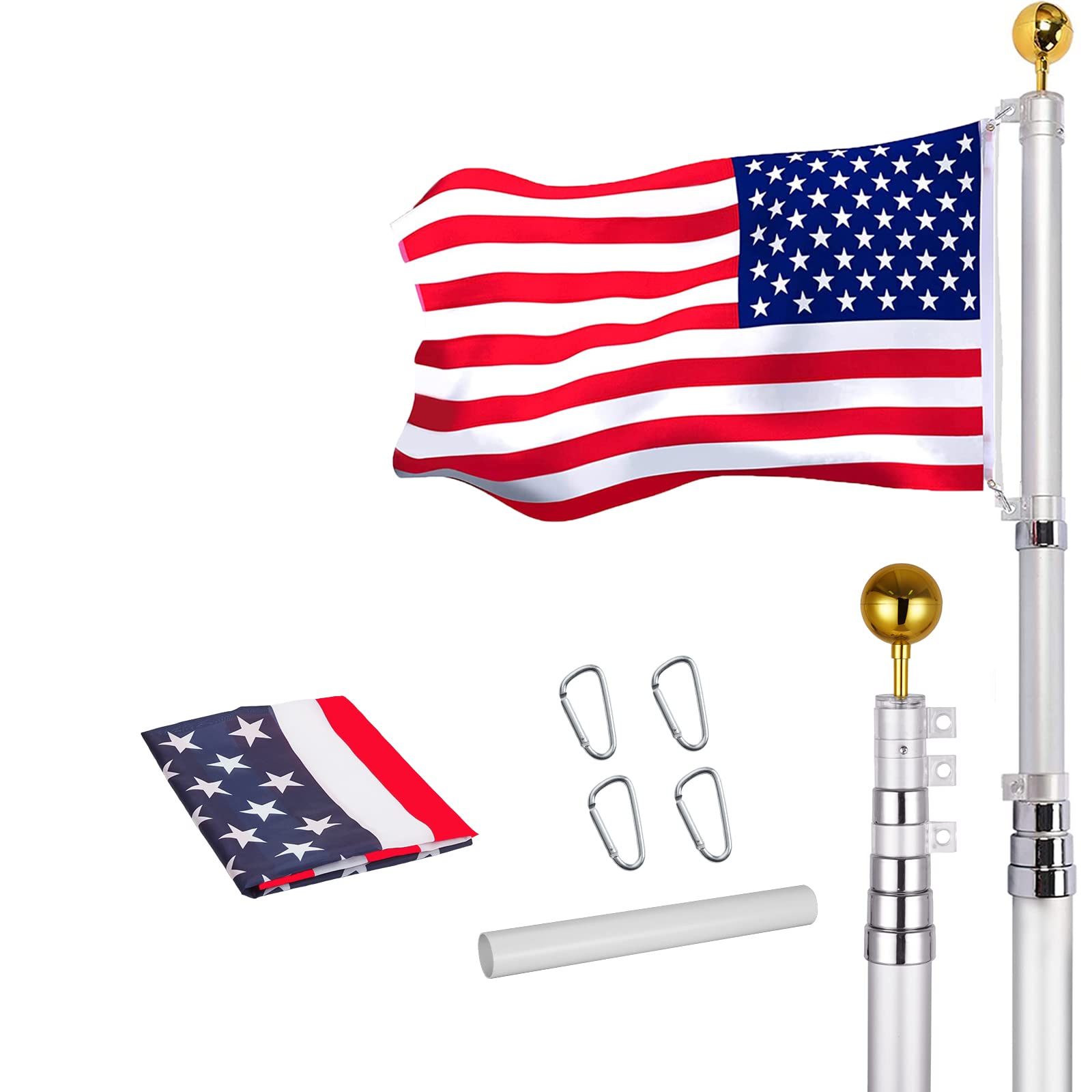 GARVEE 25Ft Telescoping Flag Pole Kit Aluminum Flag Poles with 3x5 USA Flag for Outside Silver