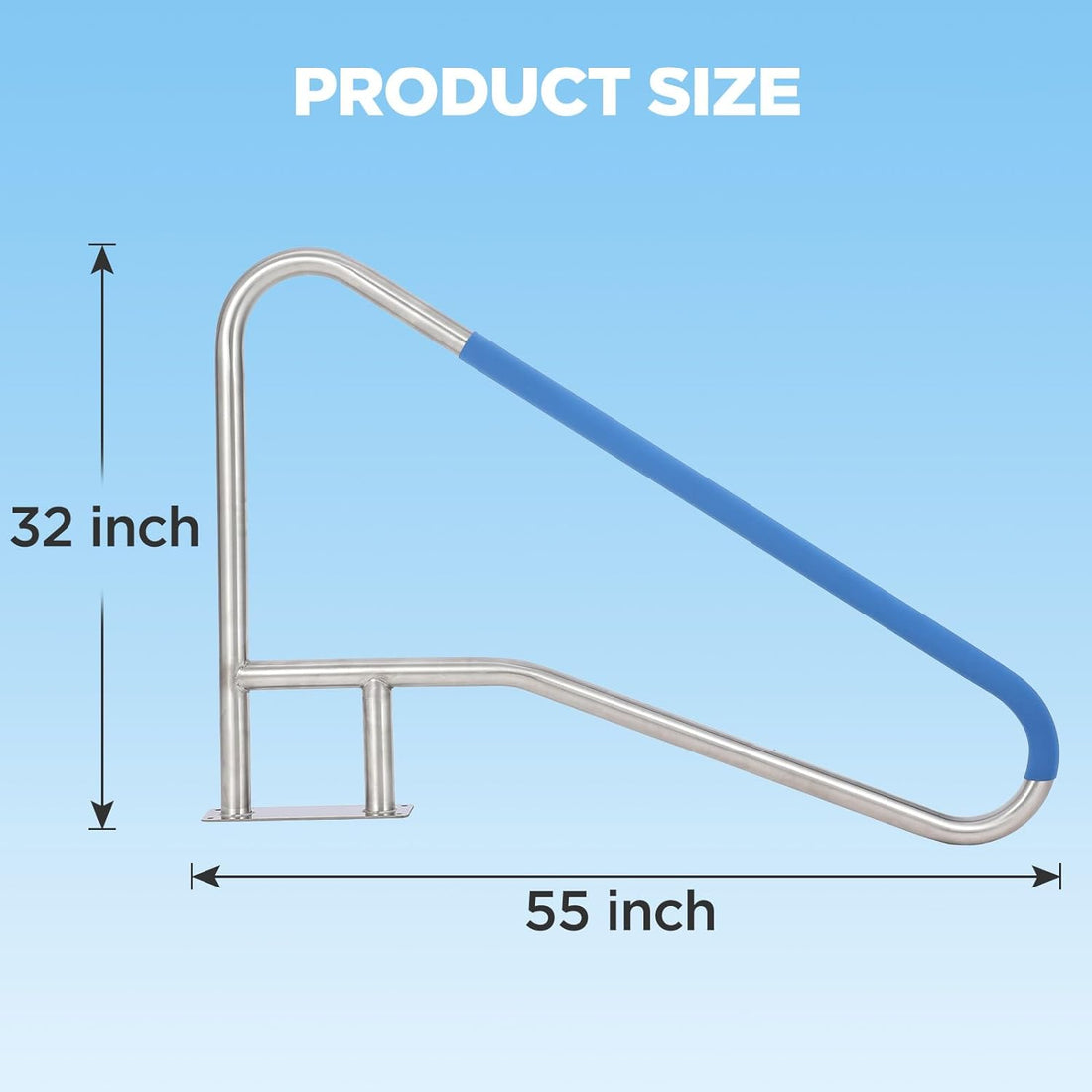 Garvee Pool Handrail 55x32 Pool Rail 304 Stainless Steel Silver Rustproof Pool Stair Rail with Blue Grip Cover Humanized Swimming Pool Railing, Quick Mount Accessories for Pools and Spas