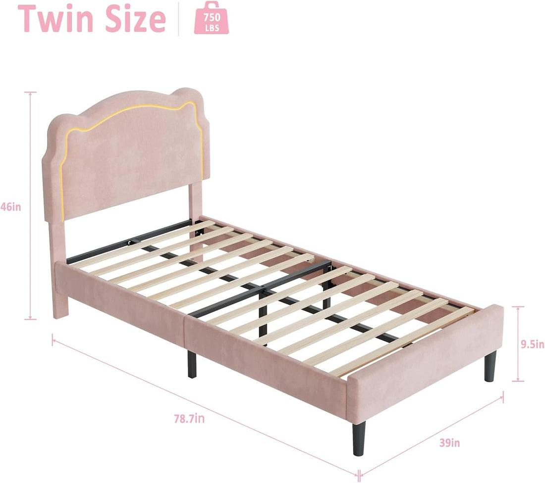 Garvee Kids Upholstered Bed Frame, Twin Velvet Princess Bed Frame with Adjustable Headboard, Smart RGB LED Lights, Wood Slats Support, Easy Assembly, for Girls Kids' Bedroom, Pink