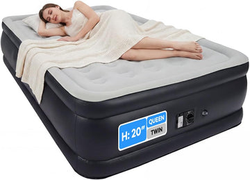 Garvee 20" Raised Air Mattress with Built-in Electric Pump, Self-Inflating in 3–4 Minutes, Flocked Top & Honeycomb Support, Portable Inflatable Guest Bed for Home/Travel, 800 lb, Queen, PVC Navy Blue + Gray