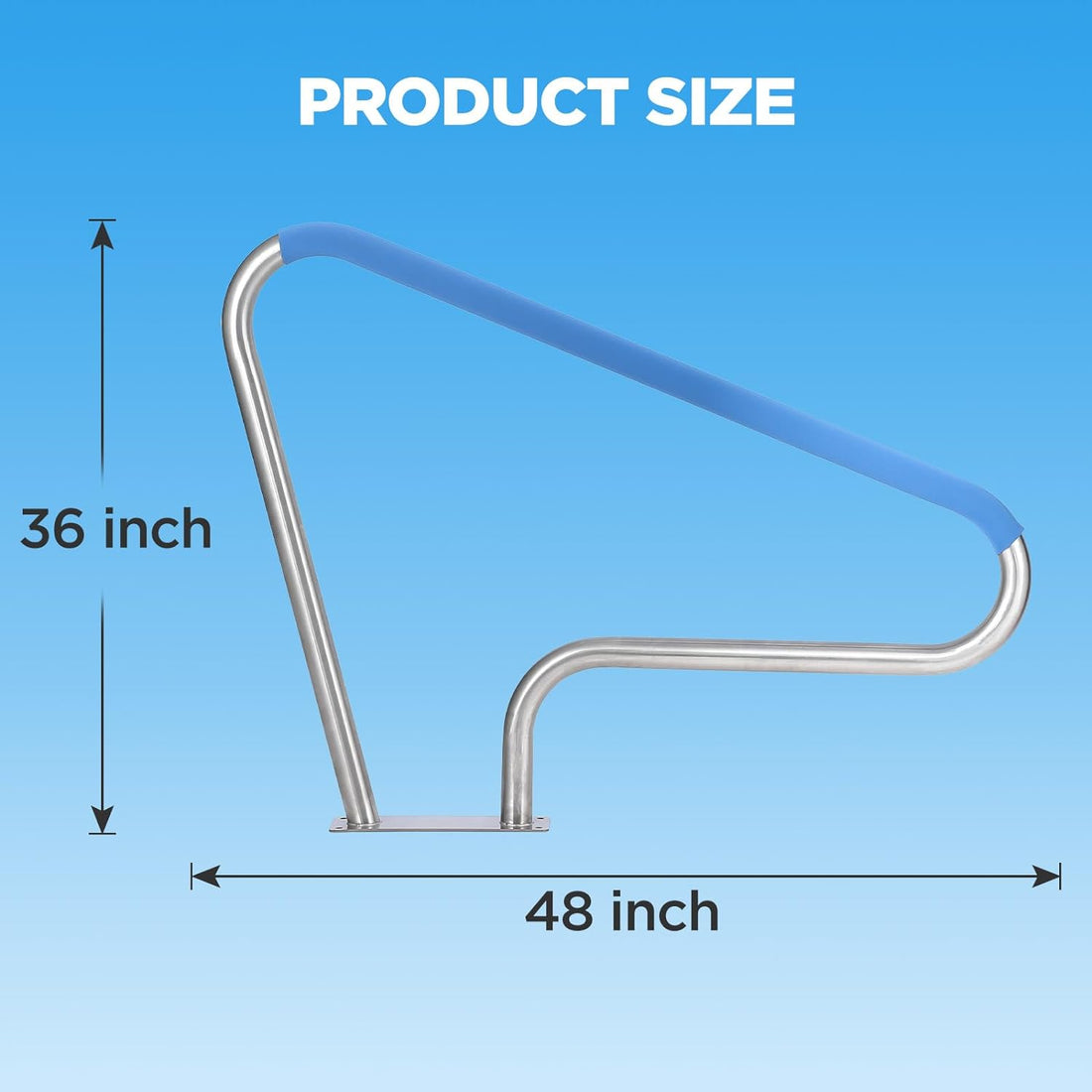Garvee Pool Handrail 48x36 Pool Rail 304 Stainless Steel Silver Rustproof Pool Stair Rail with Blue Grip Cover Humanized Swimming Pool Railing, Quick Mount Accessories for Pools and Spas