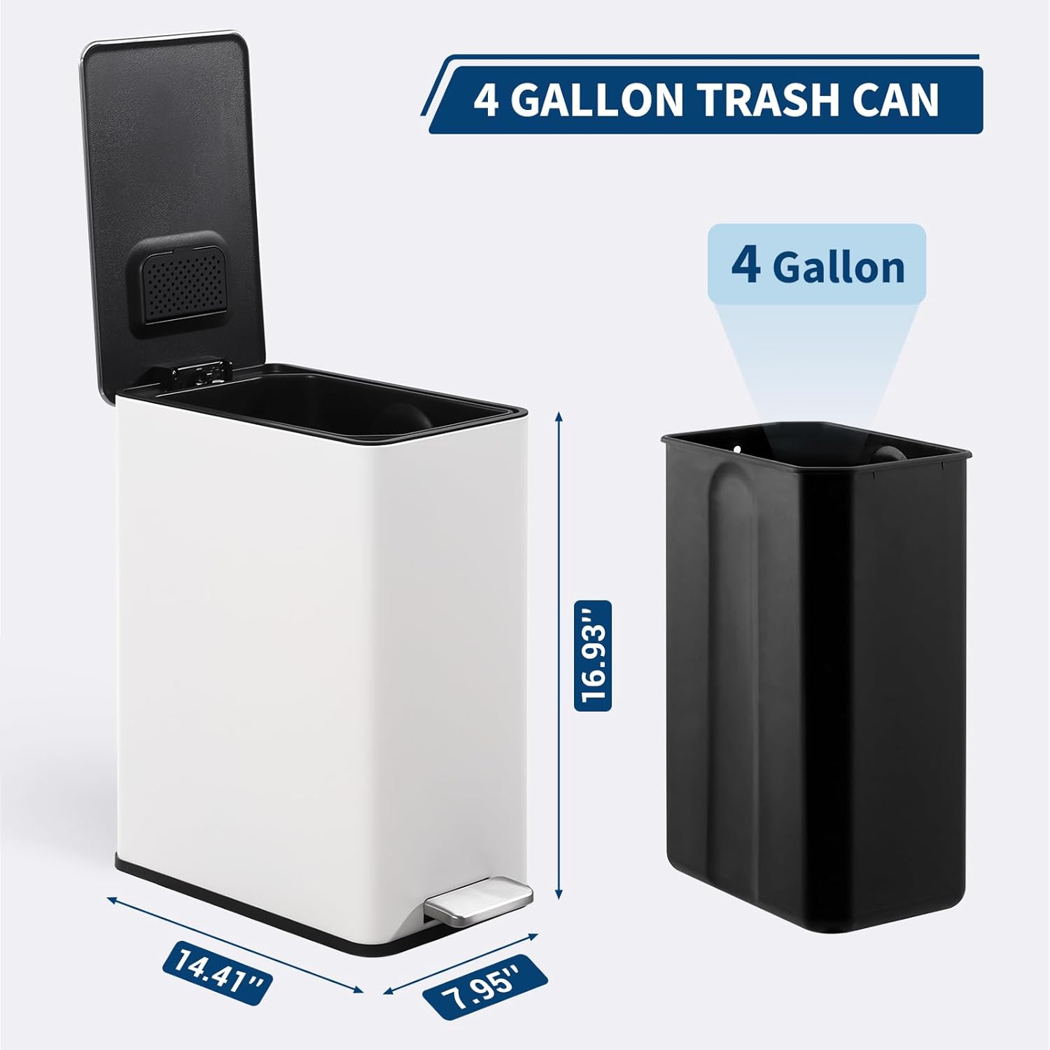 Garvee 4 Gallon Stainless Steel Step Trash Can with Removable Inner Bucket and Soft-Close Lid for Bathroom Living Room and Office, White