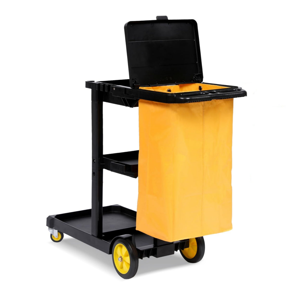 Commercial Janitorial Cleaning Cart, 3-Tier Janitorial Cart 500LBs Capacity Housekeeping Cart, Wheeled with 25 Gallon Yellow PVC Bag and Cover Lid