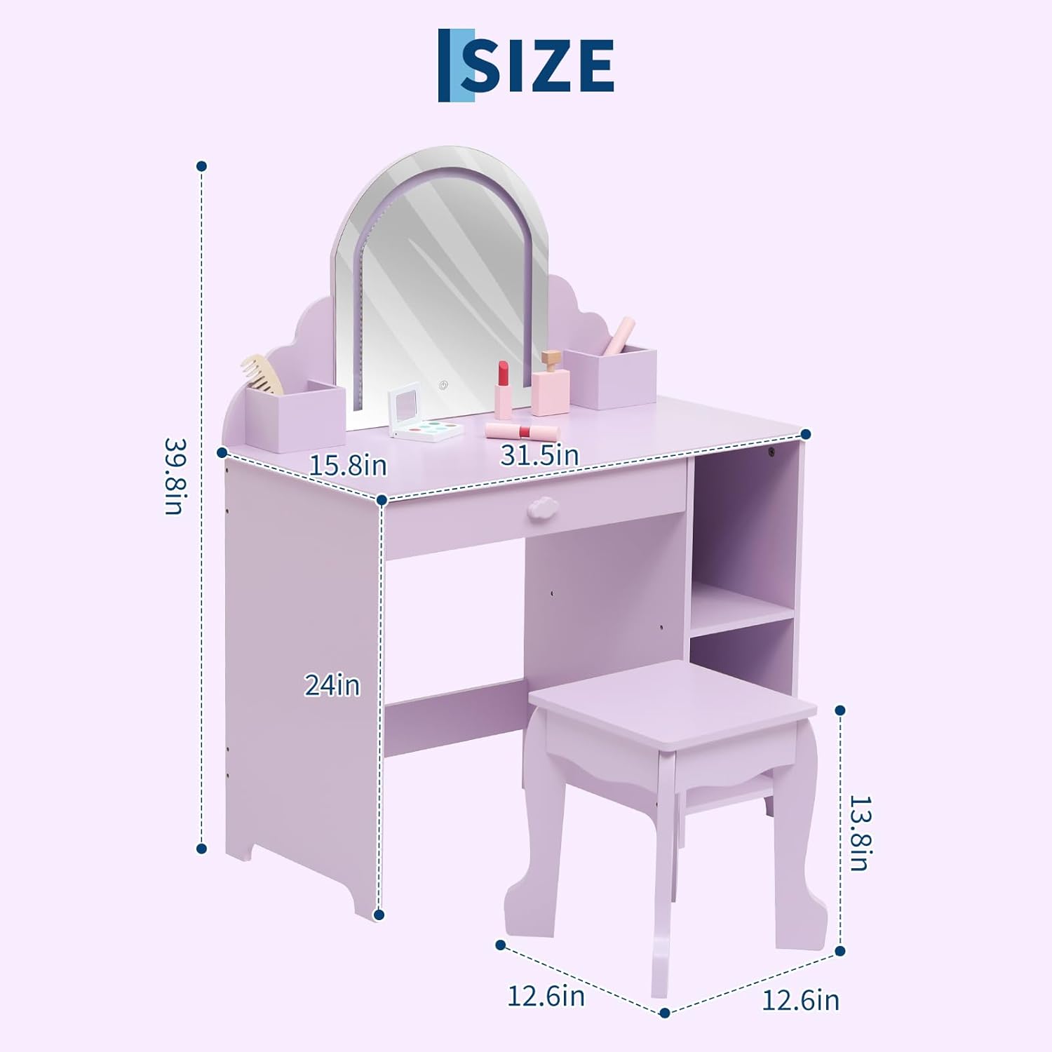 Garvee Kids Vanity with Lighted Mirror, 2 In 1 Little Girls Vanity Table & Stool, Kids Makeup with Drawer & Open Shelves for 3-9 Yrs Girls, Purple