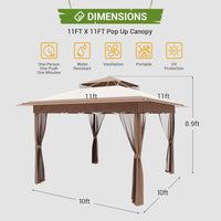 Garvee Pop Up Gazebo Patio Gazebo 11x11 Outdoor Gazebo with Mosquito Netting Outdoor Canopy Shelter with Double Roof Ventiation 121 Square Feet of Shade for Lawn, Garden, Backyard and Deck, Brown
