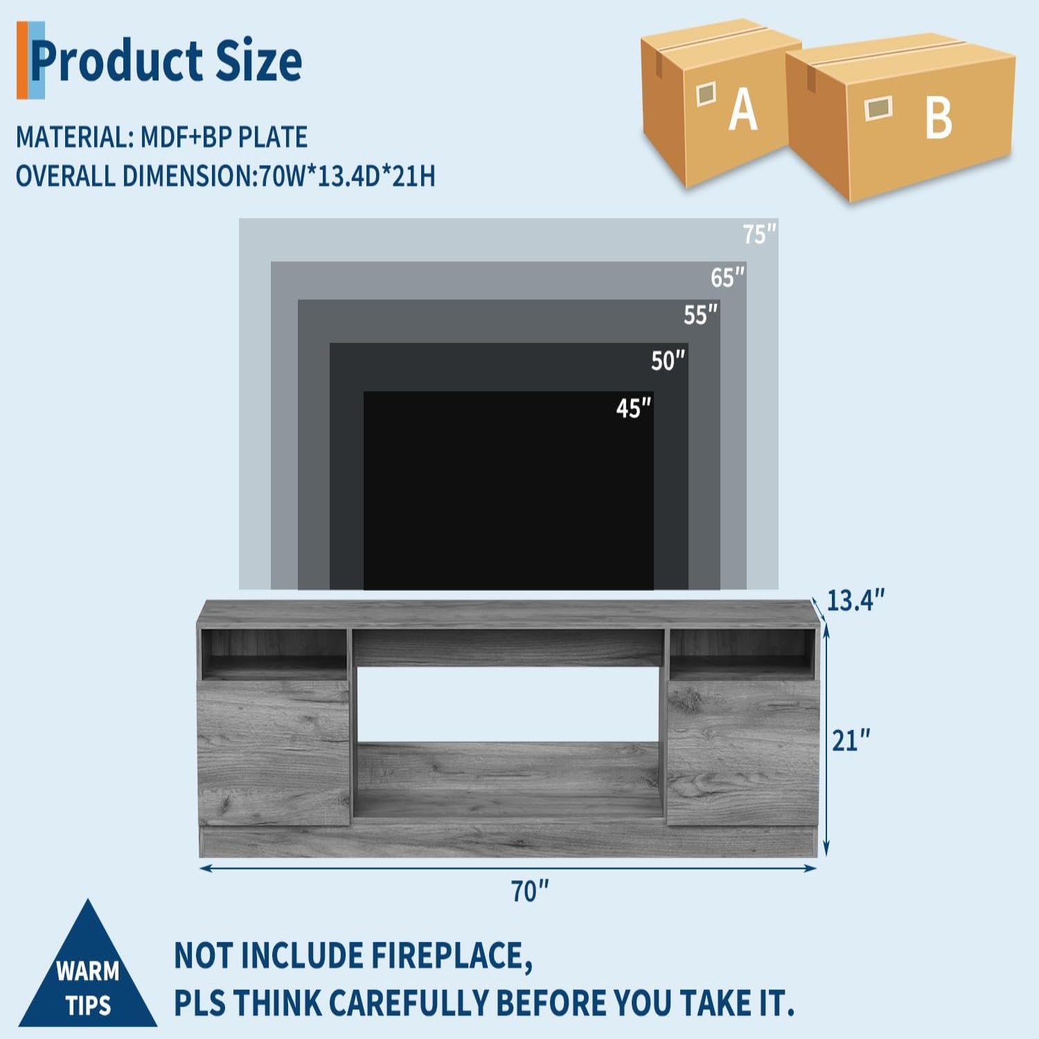 Garvee Modern TV Stand for TV Up to 75" TV, 70" Grey Television Console Table Cabinets with Storage,Wooden Entertainment Center for Living Room, Fits Into 36'' Electric Fireplace(Not Included Fireplace)