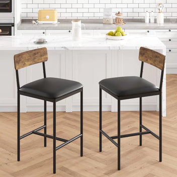 Set of 2 brown bar stools with metal frames and PU upholstered seats for kitchen or dining.