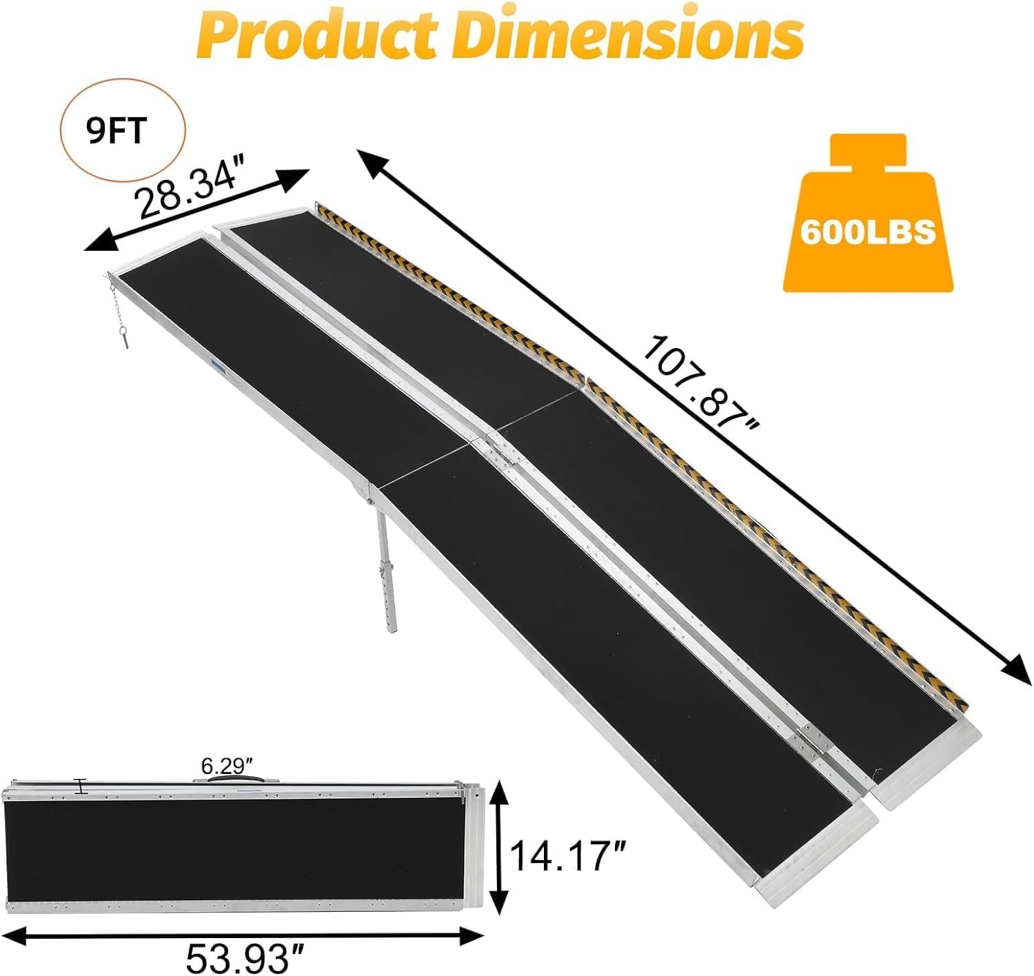 Garvee 9FT Portable Wheelchair Ramp Non-Slip Aluminum Folding Lightweight Sturdy Stainless Steel Hinges Home Doorways Steps Curbs