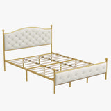Garvee Queen Size Upholstered Platform Bed + Velvet Button Tufted Headboard + Heavy Duty Metal + Wood Slats + Gold and Off White + Bedroom - White