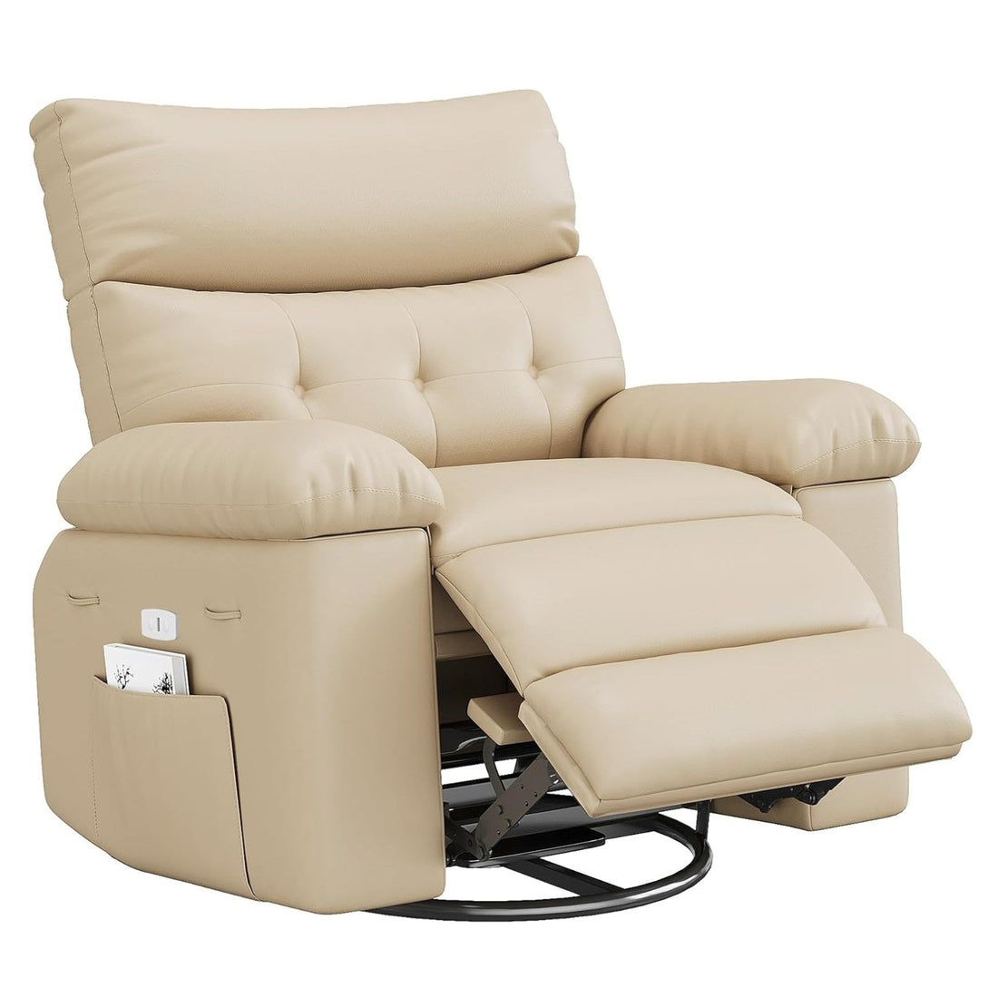 Garvee Oversized Manual Recliner, Breathable Leather Pushback Recliner Chair, Single Lazy Sofa Chair with Two Cup Holders and Side Pocket, Living Room Recliner, Beige