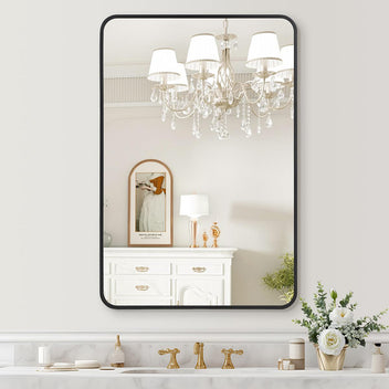 Garvee 2024 New Wall Mount Bathroom Mirror, HD Eco-Friendly 5mm Polished Glass, Matte Black Metal Frame, 22x30 Inch, Modern Rounded Corner, Hangs Horizontally or Vertically, Explosion-Proof, Easy Installation