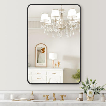 Garvee 2024 New Wall Mount Bathroom Mirror, HD Eco-Friendly 5mm Polished Glass, Matte Black Metal Frame, 22x30 Inch, Modern Rounded Corner, Hangs Horizontally or Vertically, Explosion-Proof, Easy Installation