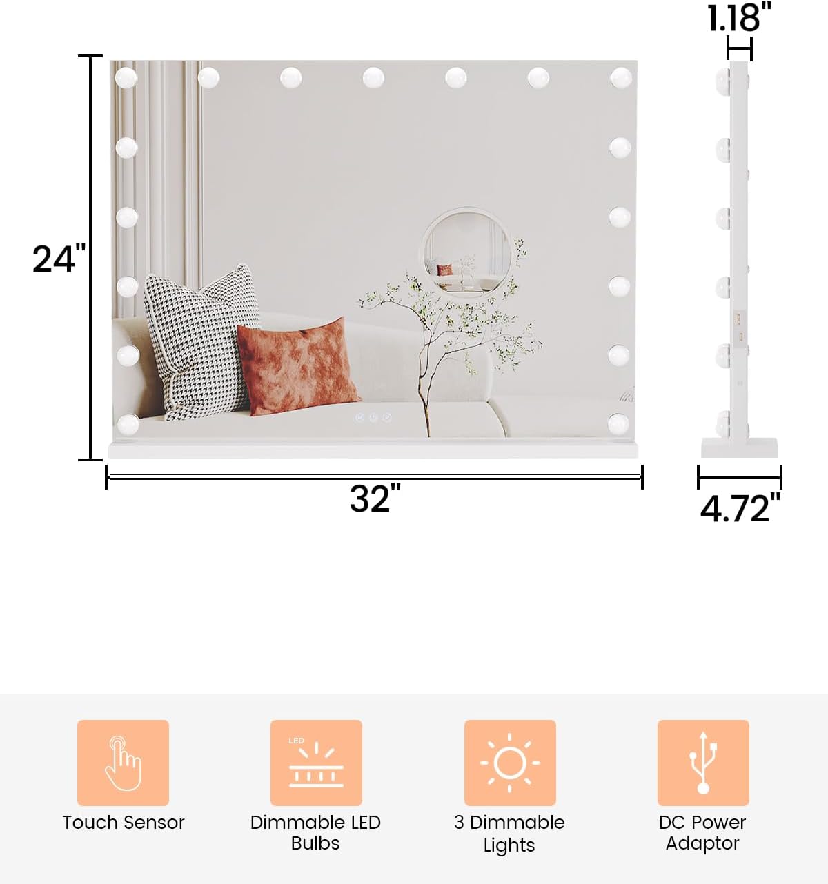 Garvee Vanity Mirror with 17 LED Lights, 3X Magnification, 3 Color Modes (3000K-6000K), USB Type-C Charging, 32x24 Metal Frame, White
