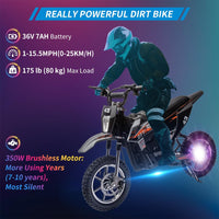 36V Kids Electric Dirt Bike, 350W, 15.5MPH, LED, 175lbs Max