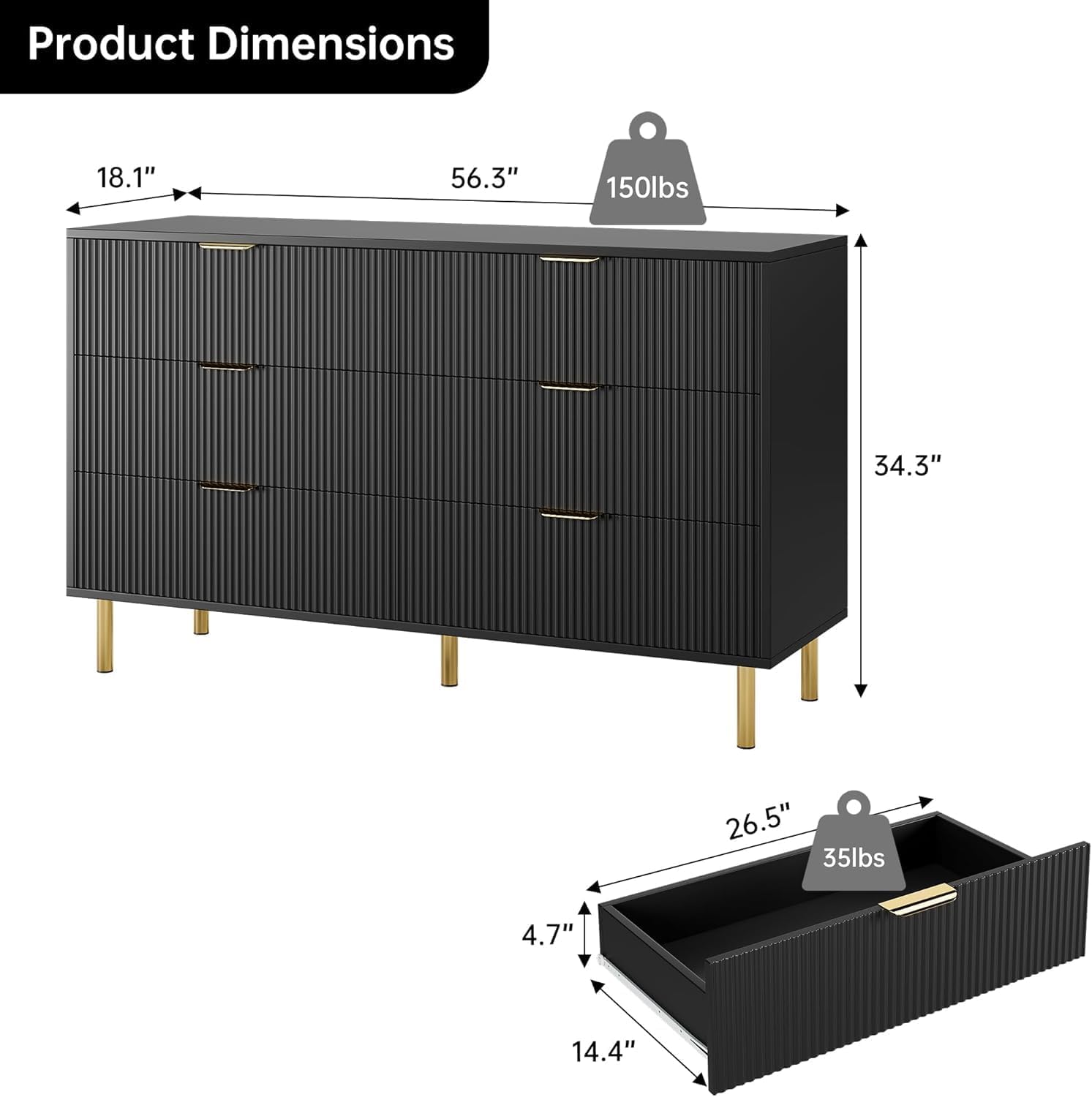 Garvee Black Dresser, Modern 6 Drawer Dresser for Bedroom with Gold Handle and Large Drawer, Wood Double Chest of Drawers and Storage Organizer for Living Room, Hallway, Entryway