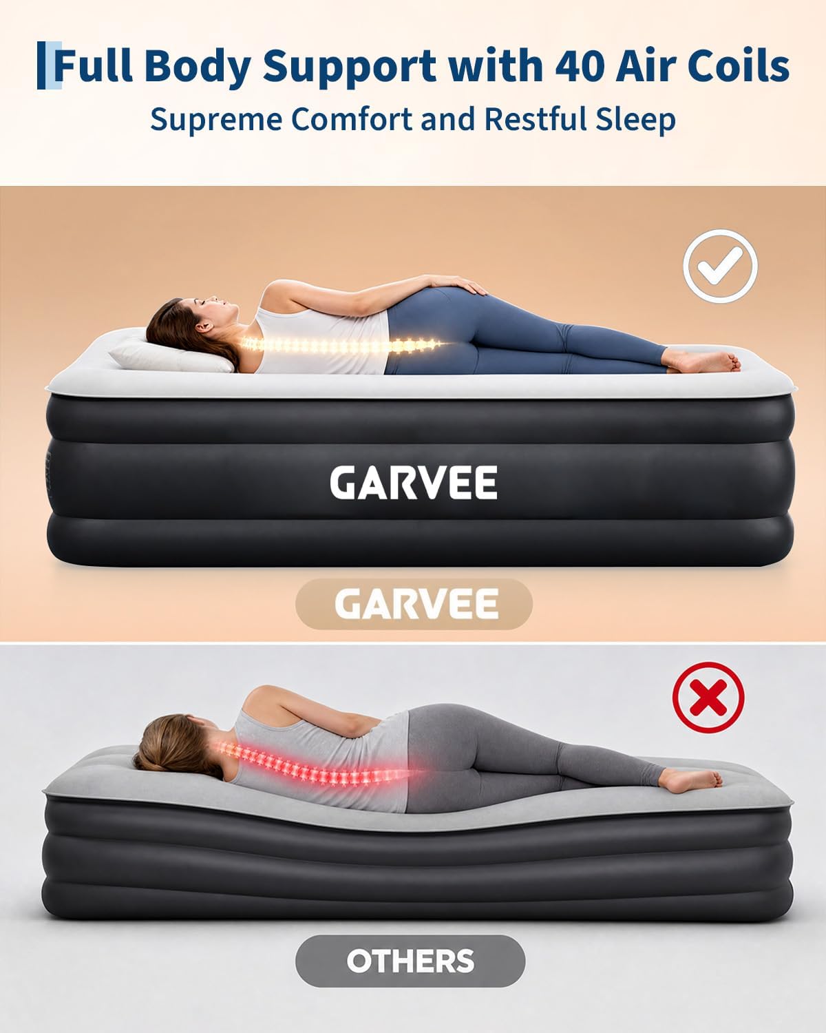 Garvee 20" Raised Air Mattress with Built-in Electric Pump, Self-Inflating in 3–4 Minutes, Flocked Top & Honeycomb Support, Portable Inflatable Guest Bed for Home/Travel, 800 lb, Queen, PVC Navy Blue + Gray