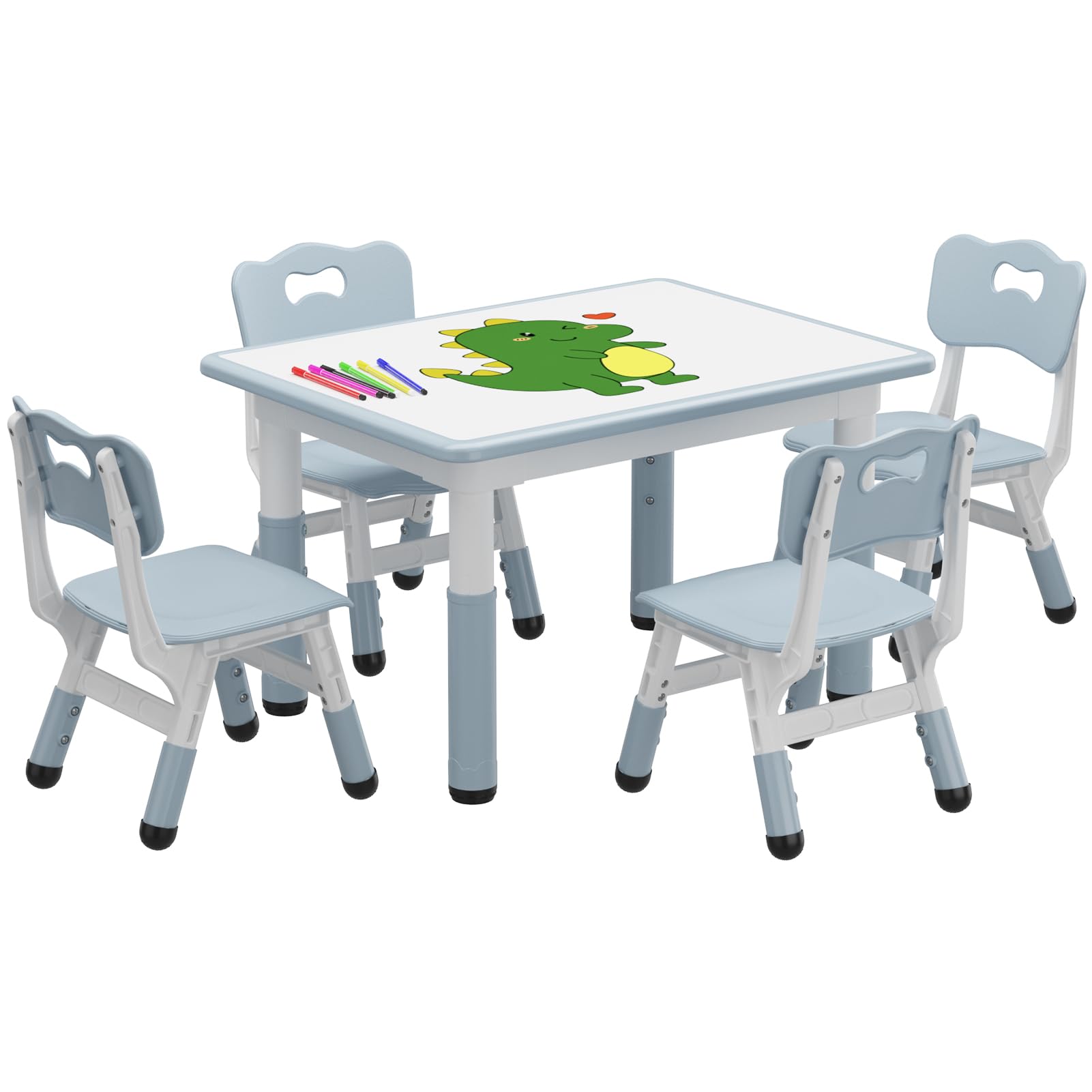Light blue kids table and chair set with dinosaur print, 4 chairs included
