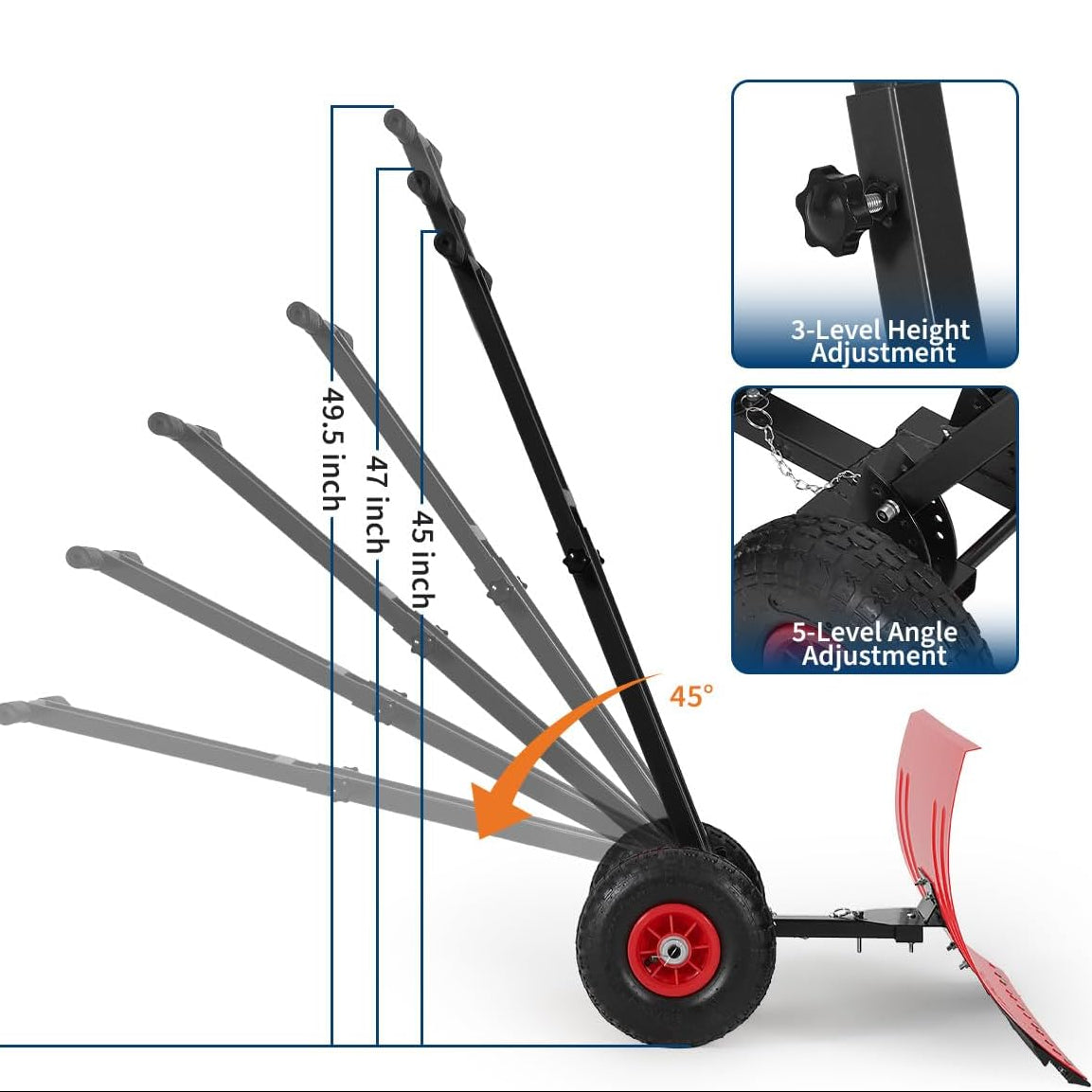 Garvee Wheeled Snow Shovel 29x16.5 Double-Rod Metal Pusher 5-Angle Adjustable T-Handle Rubber Wheels for Driveways Sidewalks