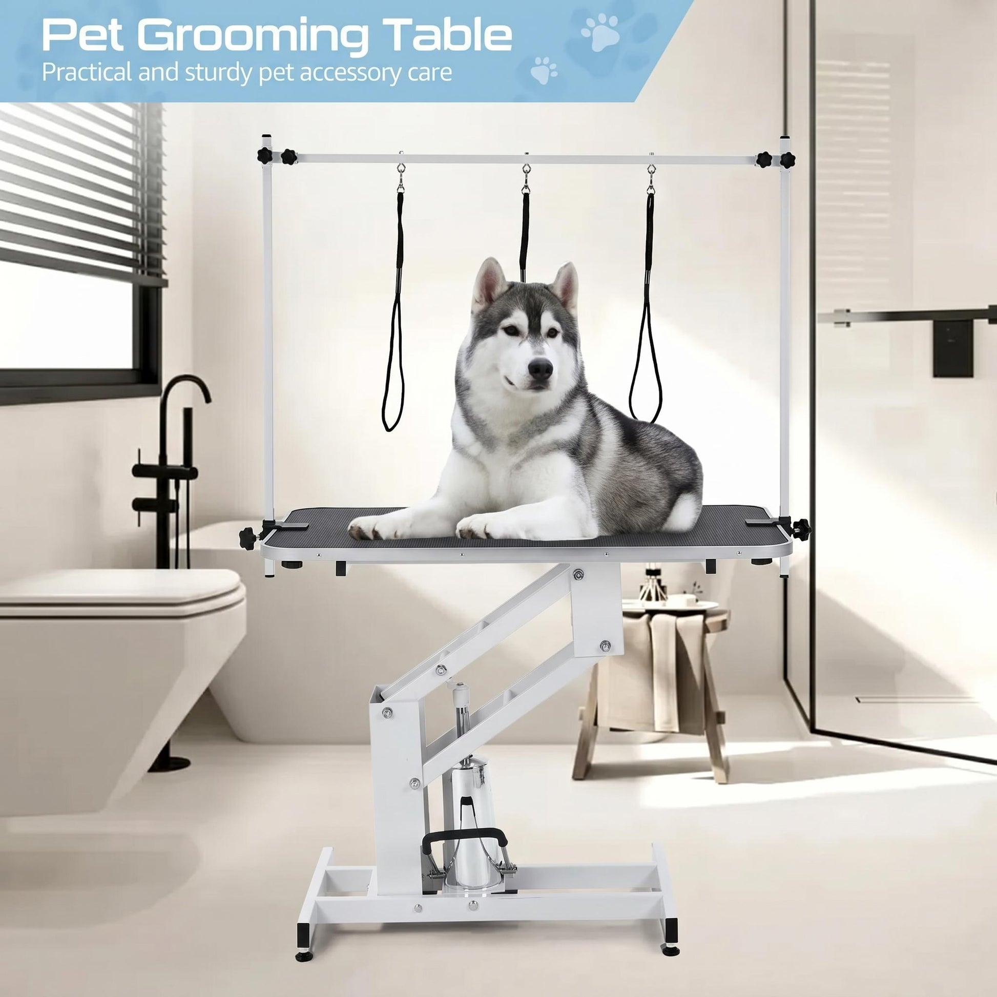 Garvee 43.3 in Hydraulic Pet Grooming Table, Professional Hydraulic Grooming Table w/Max 350 LBS Loading Capacity, 3 Adjustable Nooses, Noose & Non-Slip Top, White