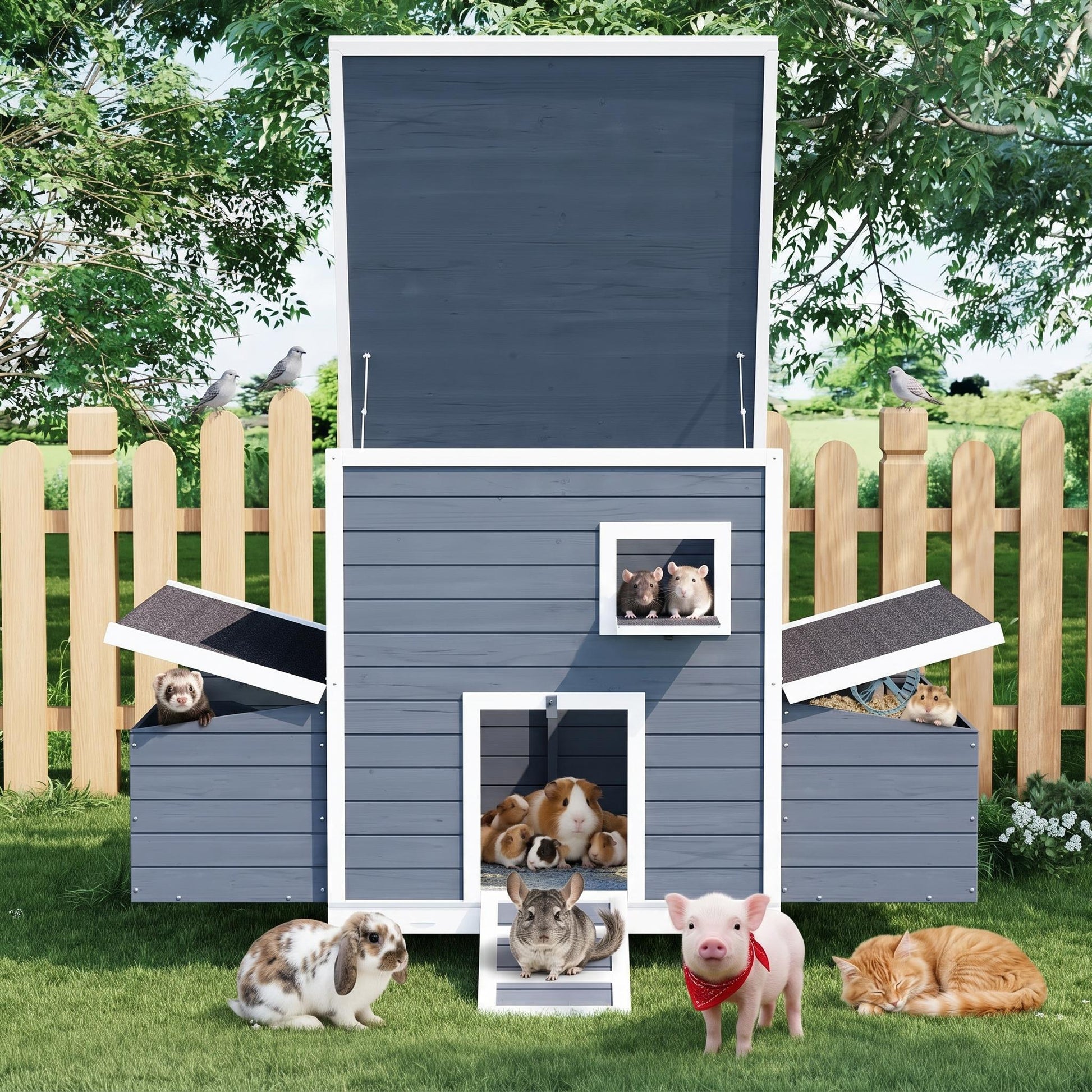 Garvee Large Wooden Small Animal House Outdoor, Weatherproof Pet Shelter for Rabbits, Chickens, Ducks & Small Pets with Nesting Box & Lockable Doors