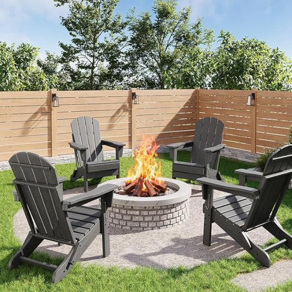 Garvee Folding Adirondack Chairs Set of 4 HDPE Plastic Weather Resistant 380Lbs Capacity Wood Texture Gray for Patio Fire Pit Deck