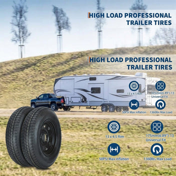 Garvee 2-Pack ST175/80D13 Trailer Tires on 13" Rims, 5 Lug 4.5" PCD, Load Range C 6PR, Black Trailer Wheels