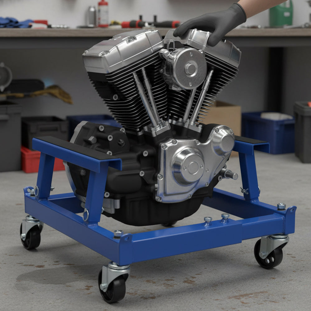 Garvee Motorcycle Engine Cradle Dolly - 1500 lbs Heavy-Duty Design with Rubber Pads, 360-Degree Swivel Wheels, Adjustable Width and Height for Four-Wheelers, Blue