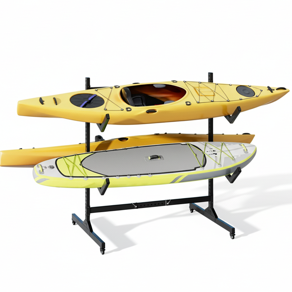 Garvee Adjustable Width 4-Kayak Storage Rack (51-67") with Wheels - Heavy Duty 2-Tier Double-Sided Stand for Wide Kayaks, SUPs, Canoes & Surfboards (Up to 120 lbs)