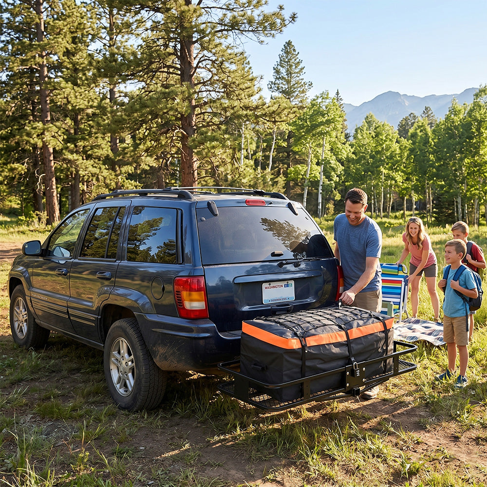 Garvee 70"x30"x6" Heavy-Duty Folding Hitch Cargo Carrier 600 lbs Capacity Ratchet Straps Waterproof Bag Integrated Lock Reflective Panels Fits 2" Receiver SUVs Off-Road