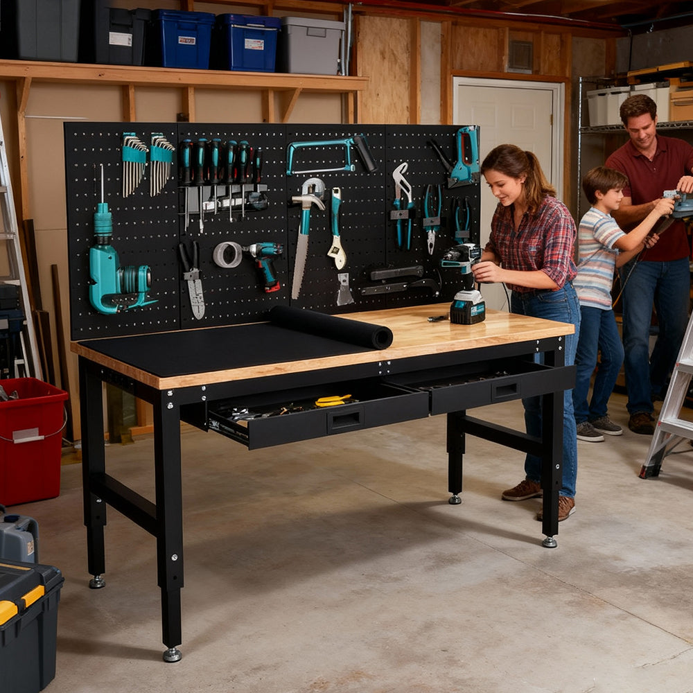 Garvee 60x22 Inch WorkBench, Rubber Wood Tabletop Work Table with 2 Drawers & Pegboard Pad, 2000 LBS Heavy Duty Adjustable Height Work Bench Table with Power Outlets for Workshop, Office