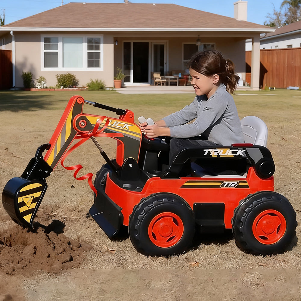 Garvee Ride - P Series: 12V Kids Ride On Excavator Digger Car with Remote Control & Electric Digging Arm with 2x35W Motors, 10Ah Large Battery, 4x75W Driving Motors,Led Tail Light, Music, USB, Ride Toy Gifts, Red