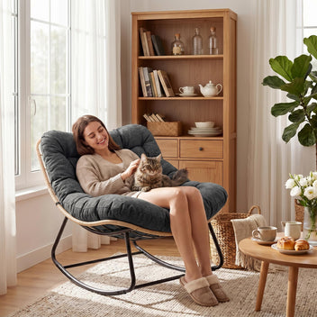 Garvee Rocking Chair with Thick Cushion, 450 LBS Capacity, Heavy Duty Metal Frame Patio Rocker, Curved Leg Wicker Rattan Armchair for Indoor Outdoor Lounge Decking, Gray