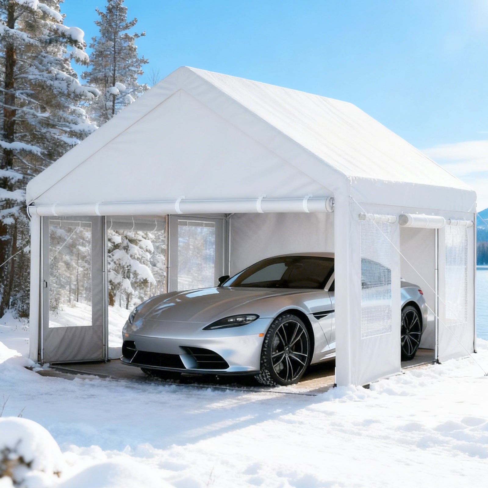 Garvee Heavy Duty Carport 13x20 FT Portable Garage with 4 Doors & 4 Windows, Reinforced Galvanized Steel Frame, Waterproof PE Tarp, Roll-Up Mesh Windows, Yellow, Outdoor Shelter for Cars & Gatherings