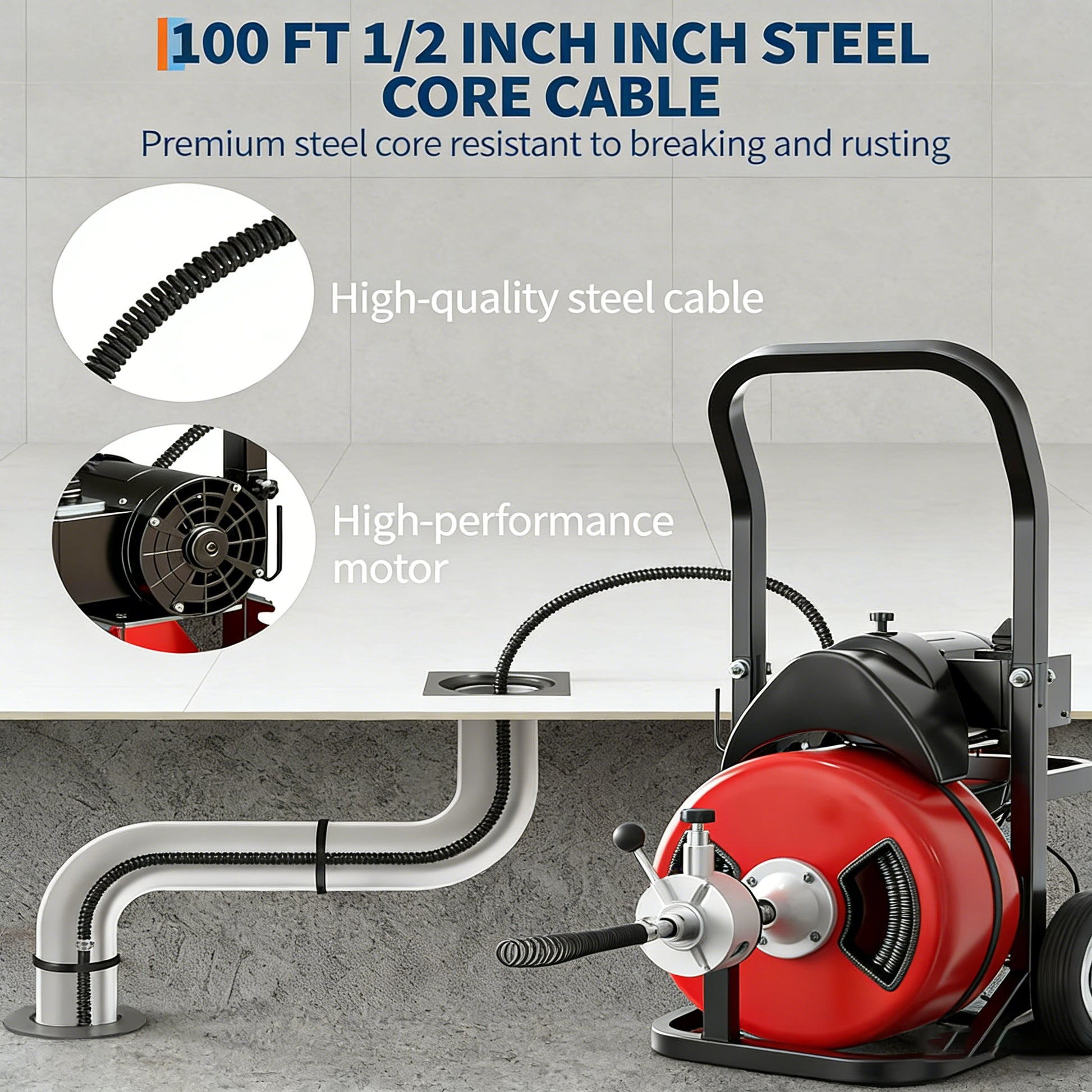 Garvee Drain Cleaner Machine 100FT x 1/2 Inch Steel Core Cable Portable 370W Electric Sewer Auger with Cutter and Air-Activated Foot Switch for Commercial and Home Use