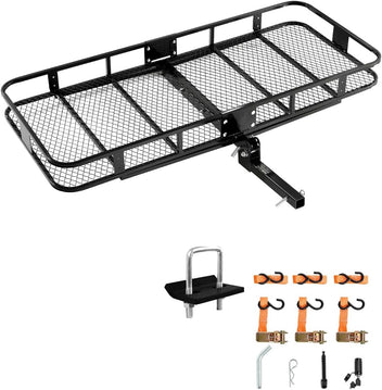 Garvee 70" x 30" Hitch Cargo Carrier, 500 Lbs Heavy Duty Folding Cargo Basket for 2" Receiver, Carbon Steel Rear Hitch Mount Rack with Reflectors, Stabilizer, Ratchet Straps & Locks for SUV Truck Pickup