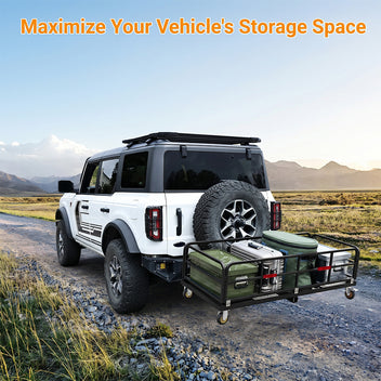 Garvee Hitch-Mounted Cargo Basket, 750 LBS Folding Carrier with Wheels & Handle, Fits 2" Receiver, Heavy Duty Luggage Storage for SUV, RV, Truck, Trailer