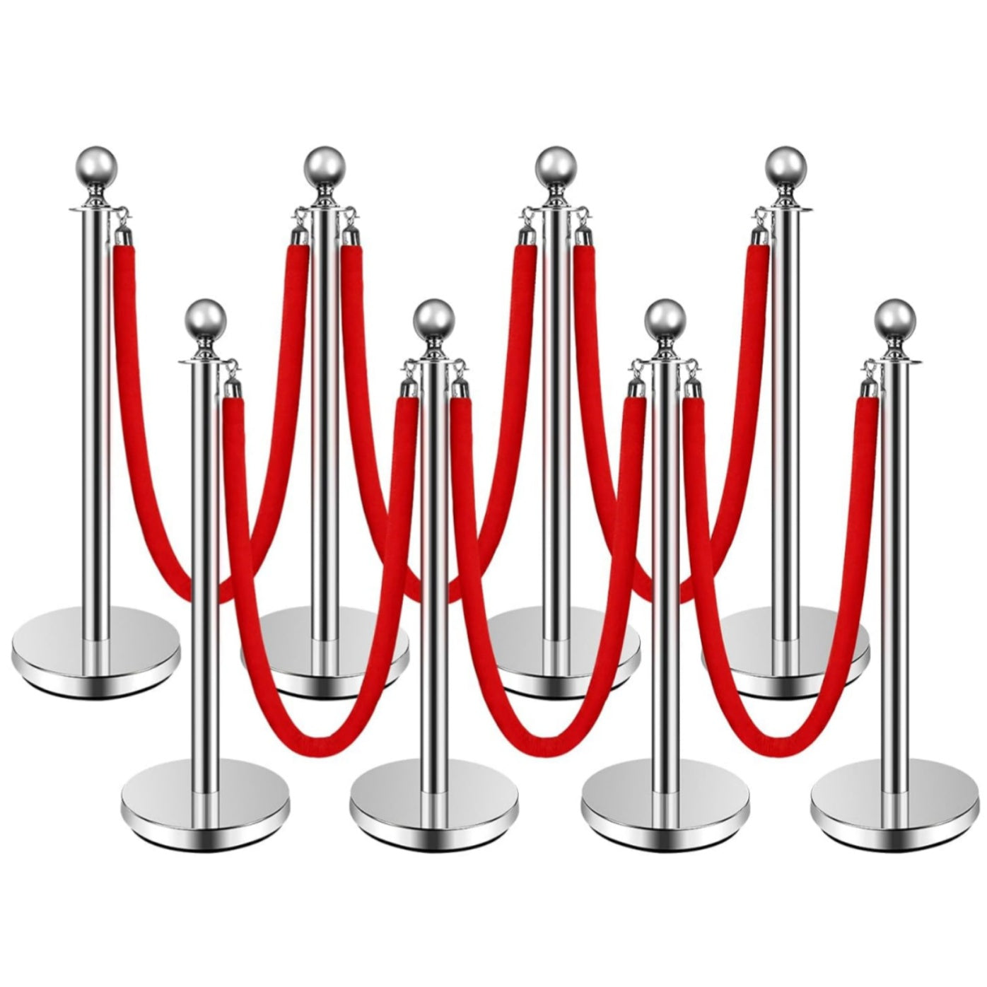 Garvee 8 Pcs Silver Stanchions Posts, Stainless Steel Stanchion with 6.6ft Red Velvet Rope, Crowd Control Barriers with Ball Top and Fillable Concrete Base for Party Supplies