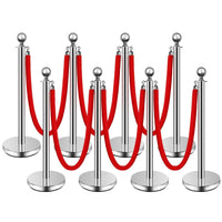 Garvee 8 Pcs Silver Stanchions Posts, Stainless Steel Stanchion with 6.6ft Red Velvet Rope, Crowd Control Barriers with Ball Top and Fillable Concrete Base for Party Supplies