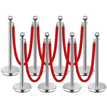 Garvee 8 Pcs Silver Stanchions Posts, Stainless Steel Stanchion with 6.6ft Red Velvet Rope, Crowd Control Barriers with Ball Top and Fillable Concrete Base for Party Supplies