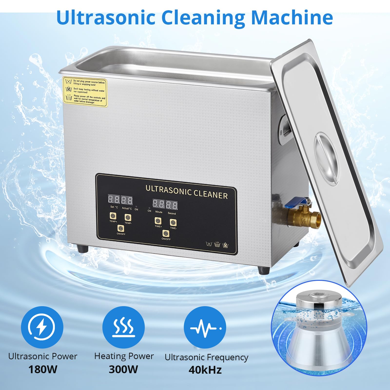 180W 6L Ultrasonic Jewelry Cleaner, Digital Timer, Silver