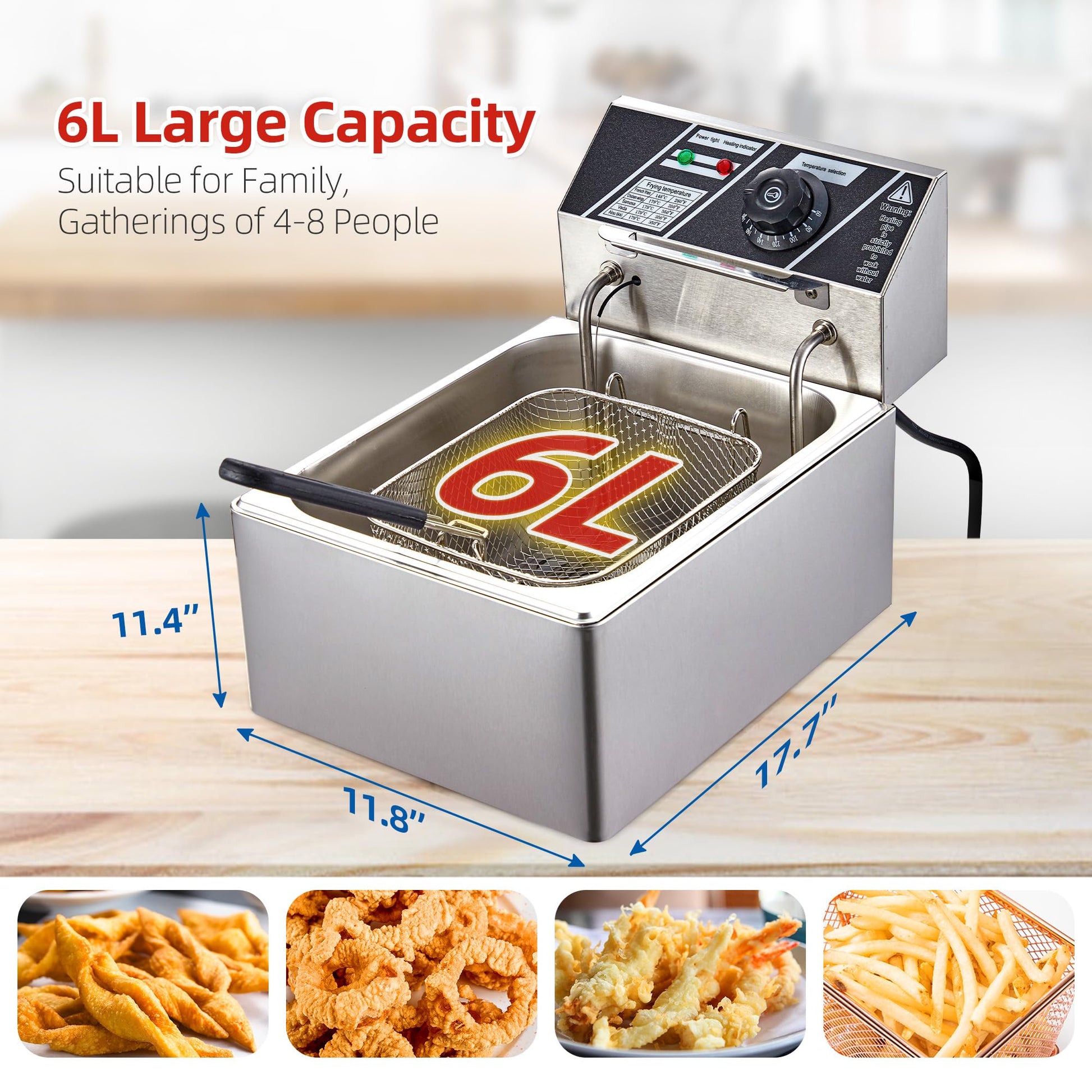 6L Electric Deep Fryer, Adjustable Temp, Basket & Lid for Home