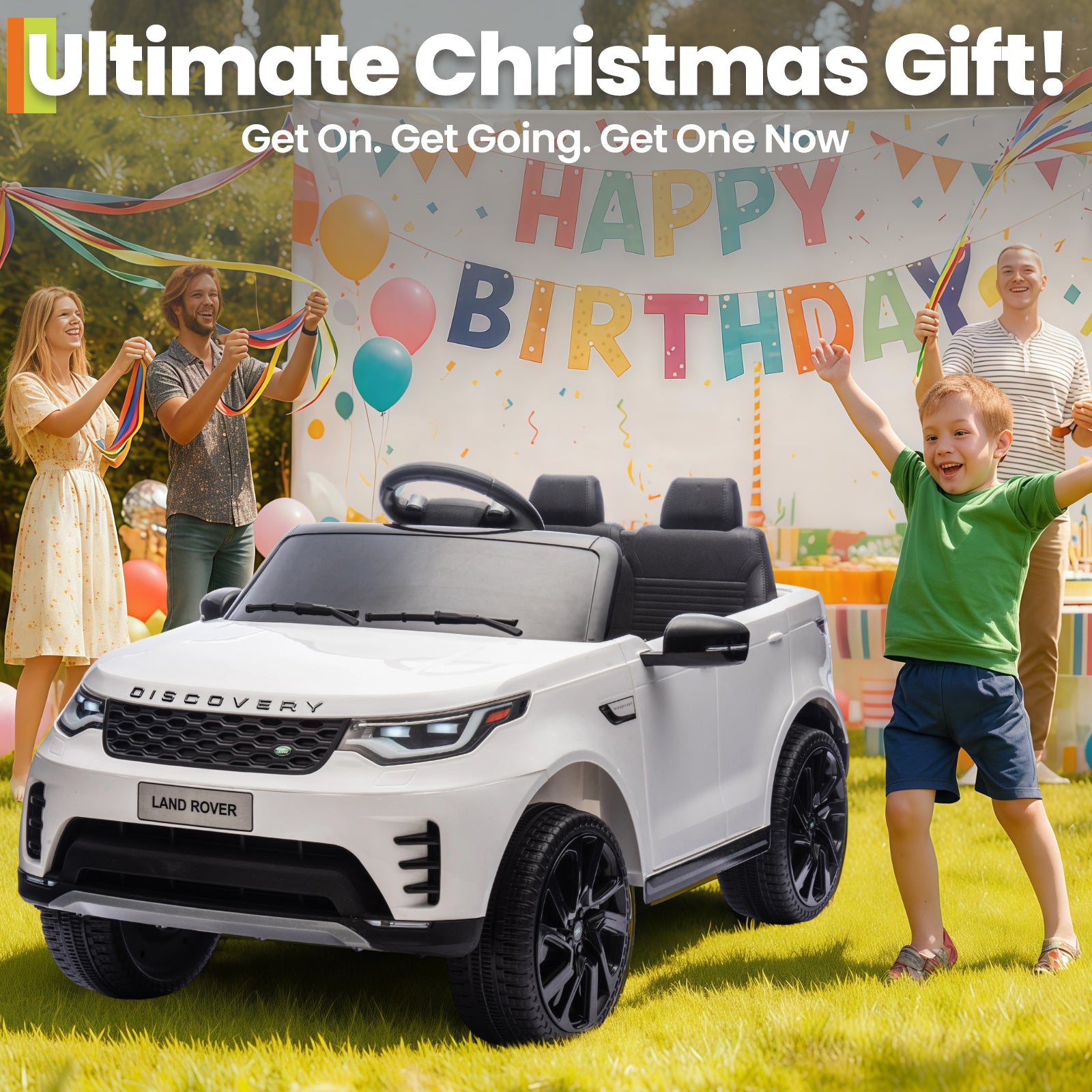 Garvee Ride P Series 12V Kids Ride On Car Land Rover Style Dual Motors 3 Speed Modes 4.5Ah Battery Safety Seatbelt Remote Control Black Outdoor Play - White