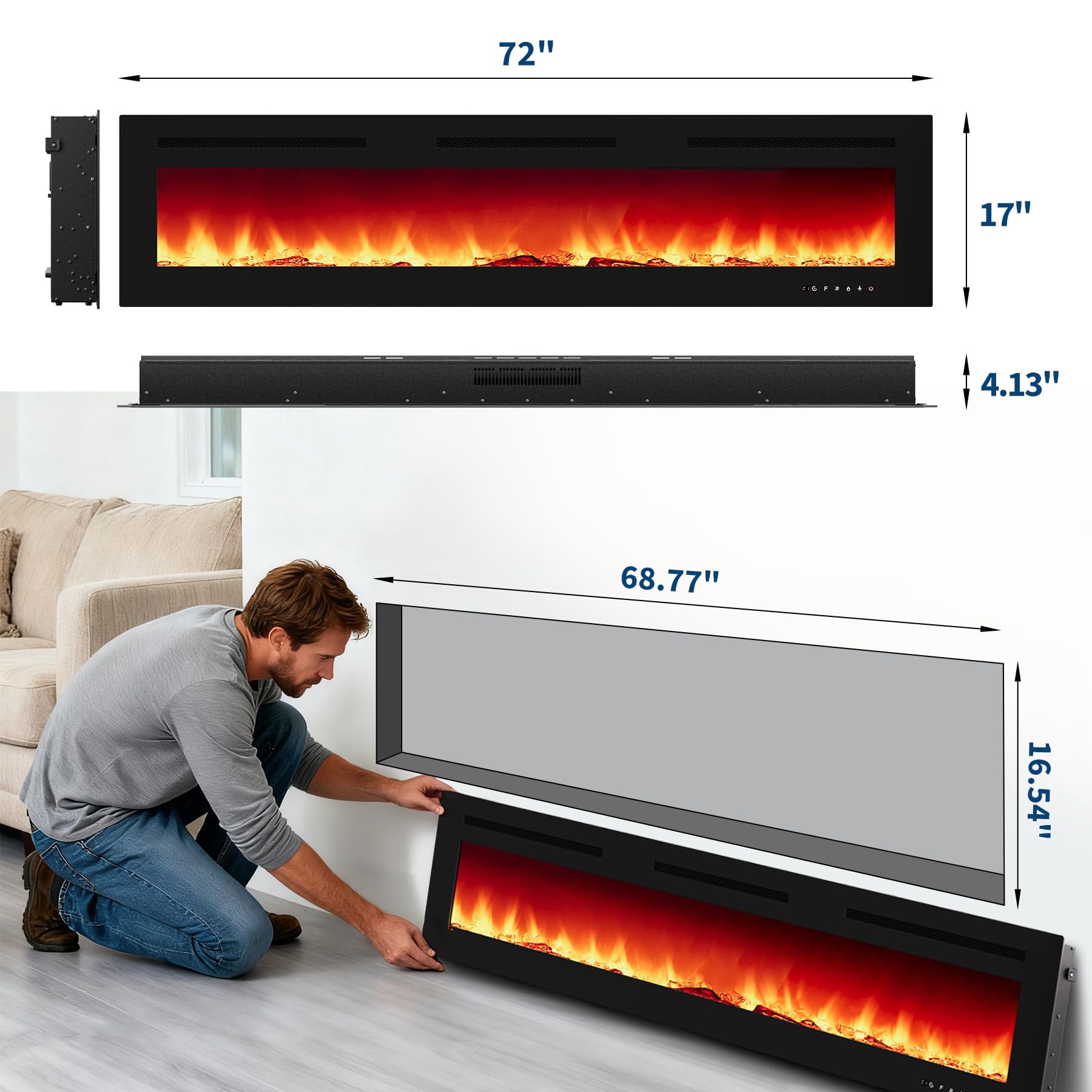 Garvee 72" Electric Fireplace Linear Heater 750/1500W Dual Heat, 12 Flame Colors, Remote & Touch Control, Wall Recessed/Mounted, Modern Living Room