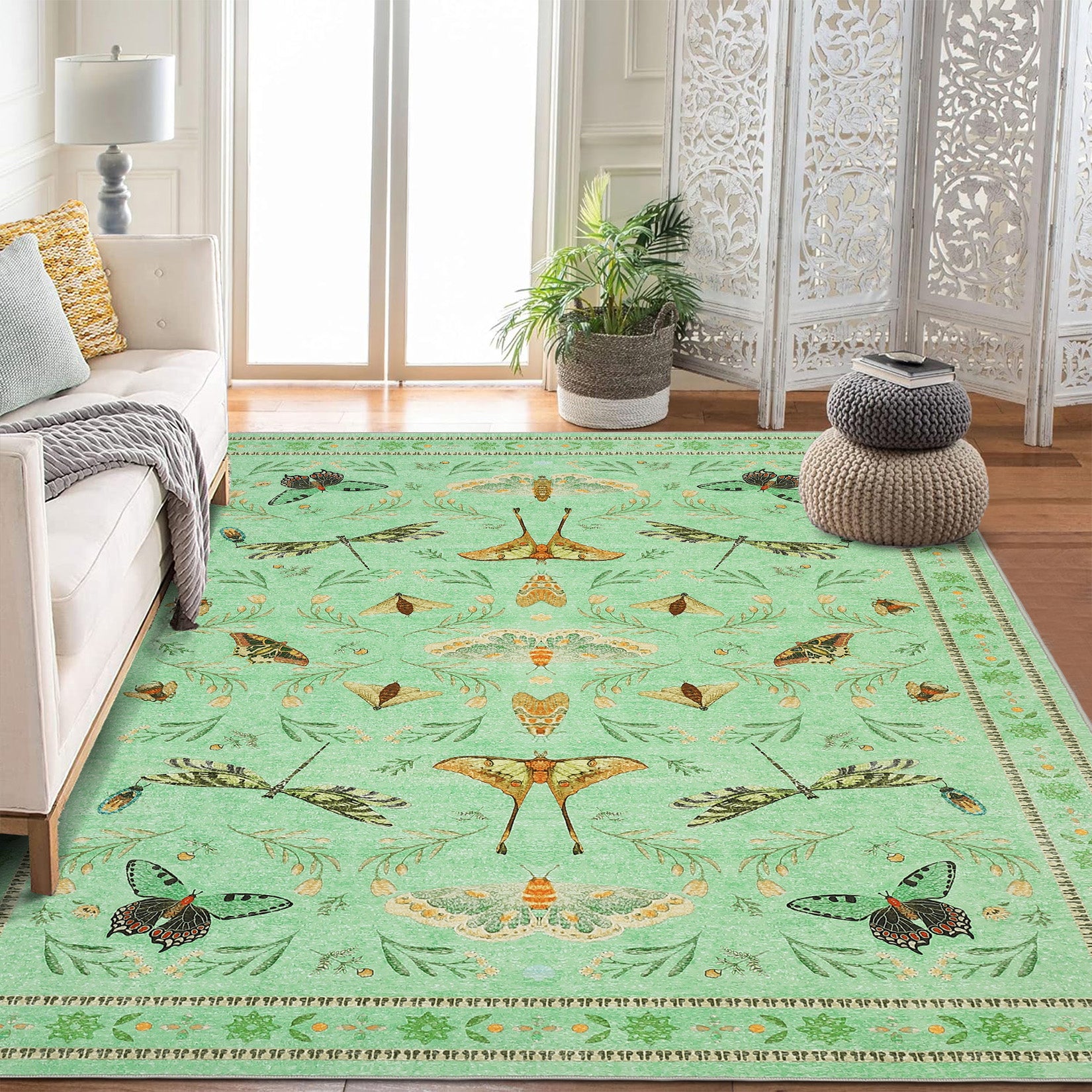 Garvee 6' x 9' Botanical Insect Area Rug, Washable Non-Slip Soft Low-Pile Moth, Butterfly & Dragonfly Rug for Living Room & Bedroom, Light Green