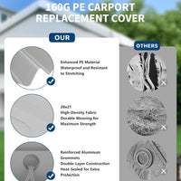 Garvee 13'x25' 160G Heavy-Duty Carport Replacement Cover Waterproof UV Protected for Garage Tent Shelter Outdoor Grey (Frame Not Included)