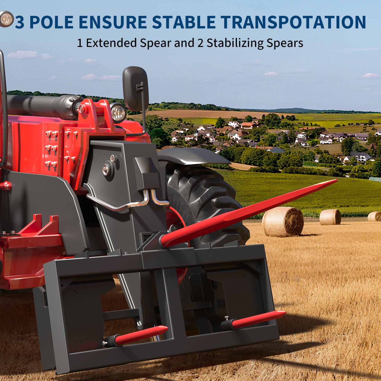 Garvee 3000lbs Quick Attach Bale Spear Attachment for Skid Steer & Tractor, 49" Hay Spear with 2x17" Stabilizer Spears, Heavy Duty Hay Frame