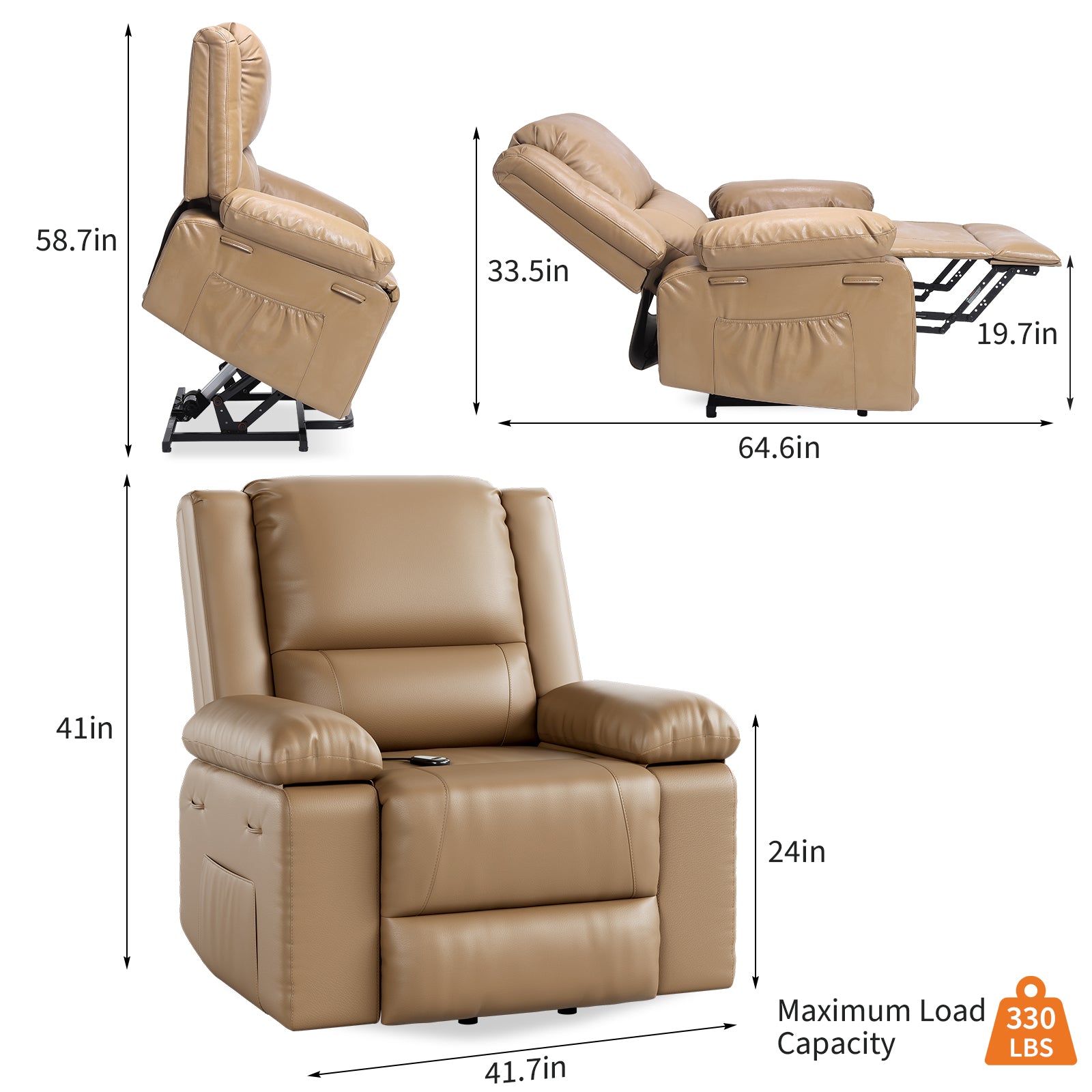Garvee PU Leather Power Lift Recliner Chair with Massage and Heat, 8-Point Vibration, Adjustable Back and Leg Support, Electric Lift Chair Designed for Mobility Aid Elderly Relaxation, Tan
