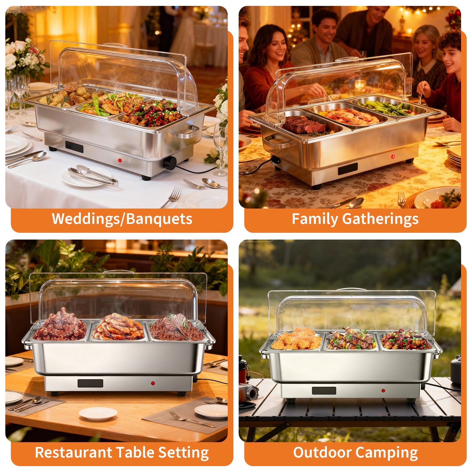 Garvee 9QT(3×1/3Pan)Electric Chafing Dish Set with Temperature Control , Stainless Steel Buffet Servers and Warmers, for Catering